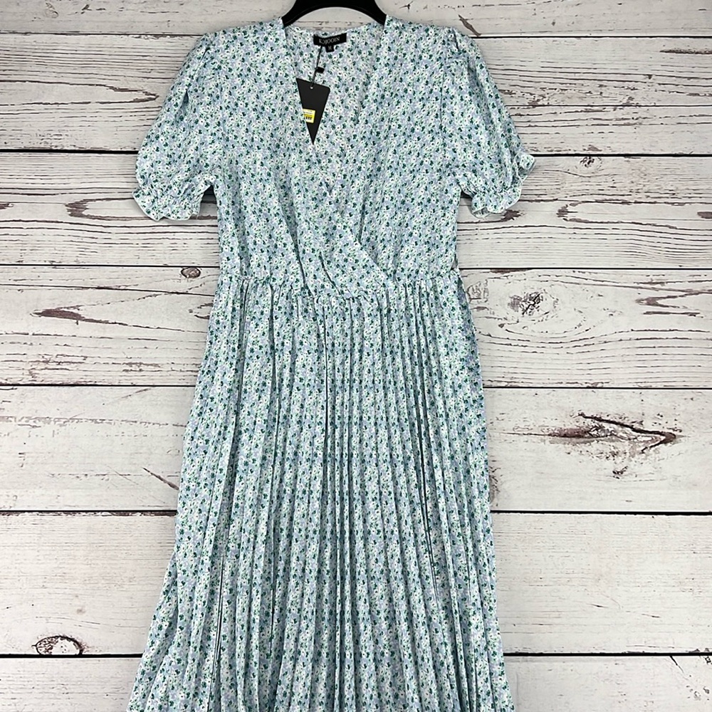 Kojooin Women's Wrap V Neck Floral Pleated Dress Short  A Line Midi Dress